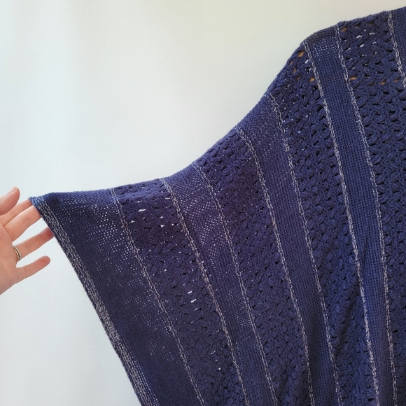 BCBGMaxAzria Navy Blue Silver Metallic New One Size Boho Longline Fringe Poncho - Picture 6 of 11